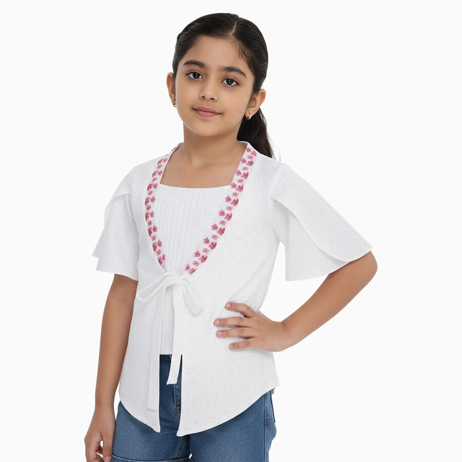 Girls' White Round Neck Casual T-Shirt, सफ़ेद, large