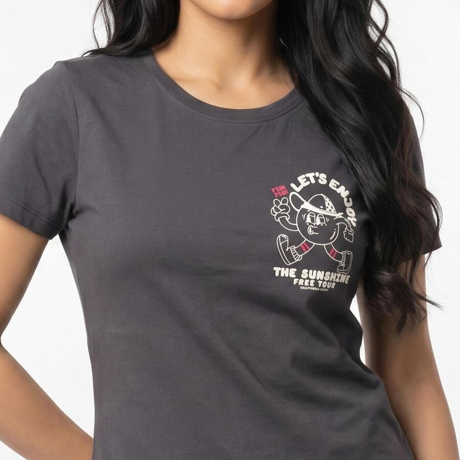 Women's Grey Round Neck Regular T-Shirt, Dark Grey, large