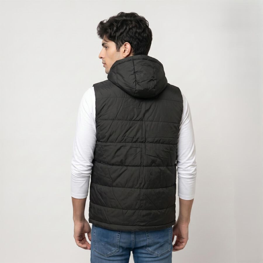Men's Black Hooded Puffer Jacket, Black, large