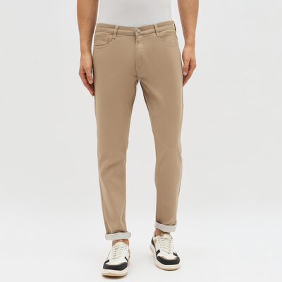 Men's Muted Beige Slim Fit Flat-Front Casual Trousers