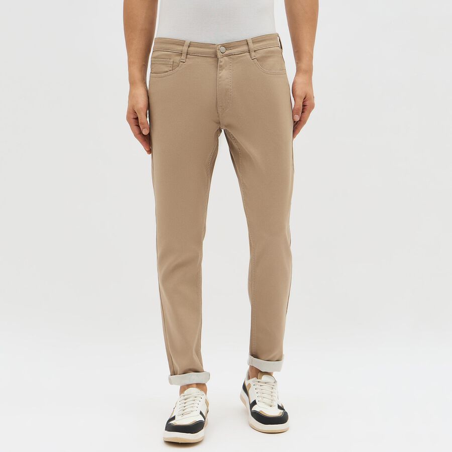 Men's Muted Beige Slim Fit Flat-Front Casual Trousers, खाकी, large image number null