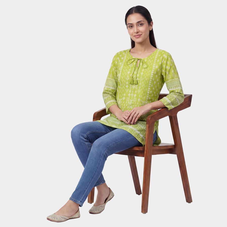 Women's Mint Green Notch Neck Floral Printed Kurti, हल्का हरा, large