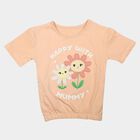 Girls Peach Cotton Round Neck Regular T-Shirt, Peach, small