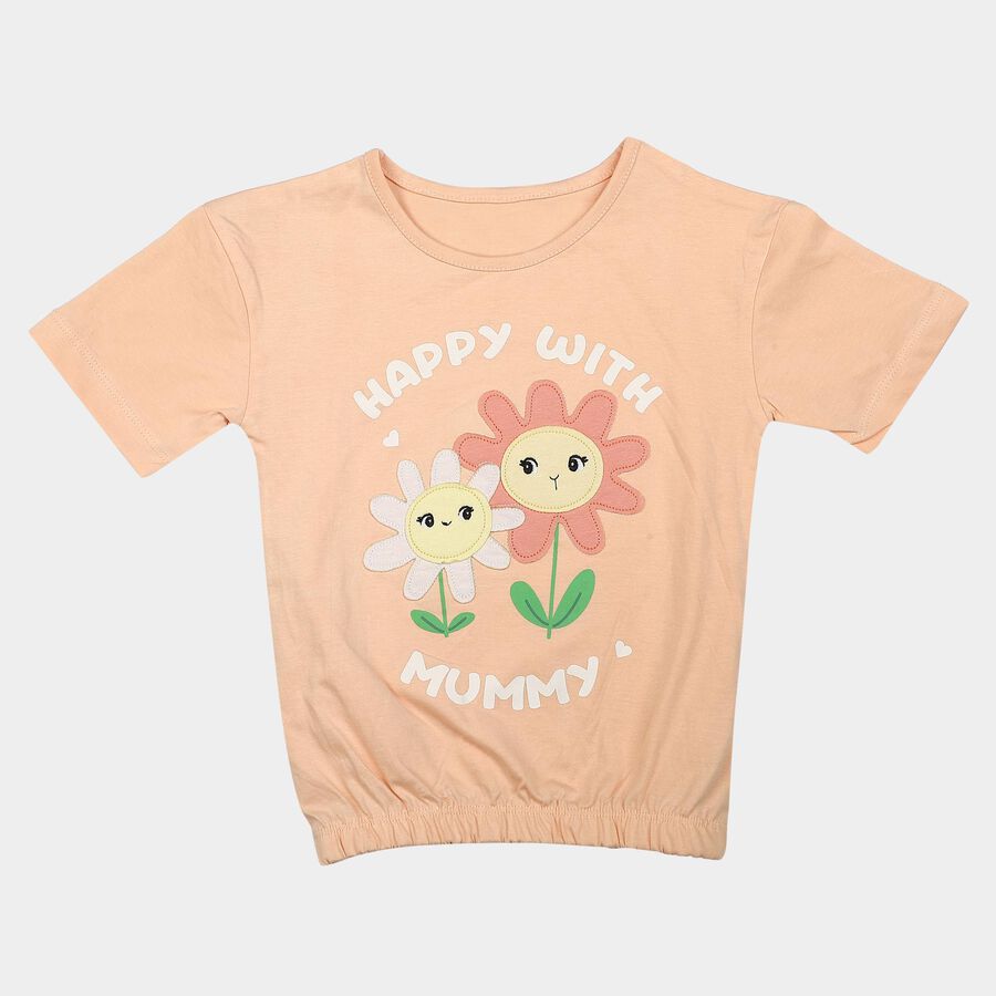 Girls Peach Cotton Round Neck Regular T-Shirt, Peach, large
