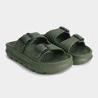 Men Olive Green Adjustable Buckle Sliders Slippers, Olive, small