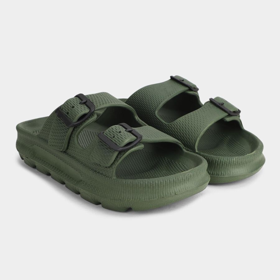 Men Olive Green Adjustable Buckle Sliders Slippers, Olive, large