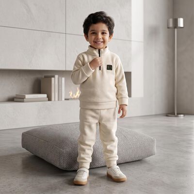 Boys Beige High Neck Appliqu&eacute; Baba Suit