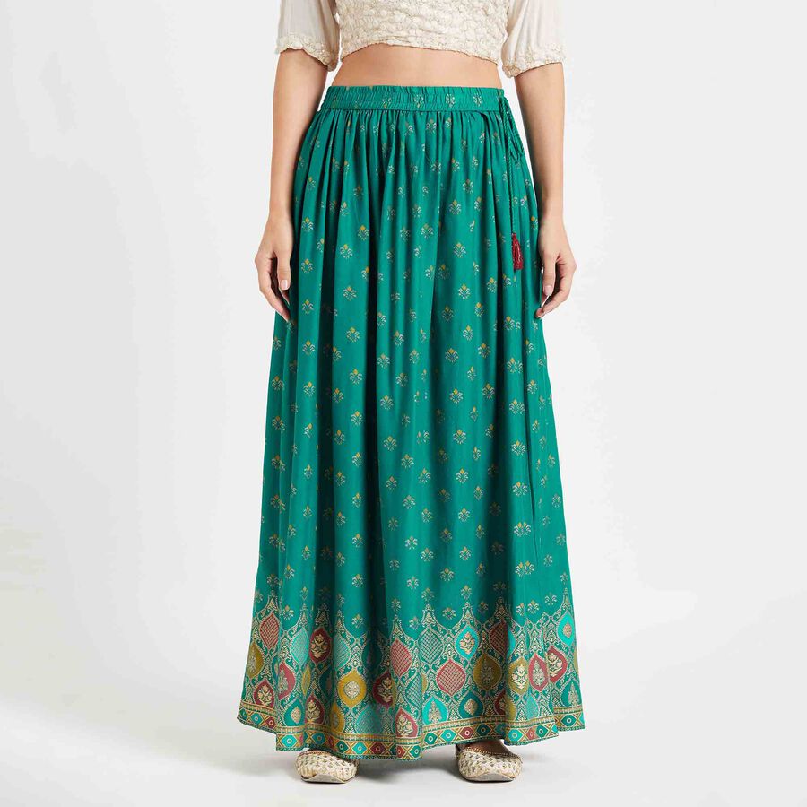 Printed Lehenga Skirt, Teal Blue, large image number null