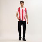 Men's Red V-Neck Striped Athleisure T-Shirt, Red, small