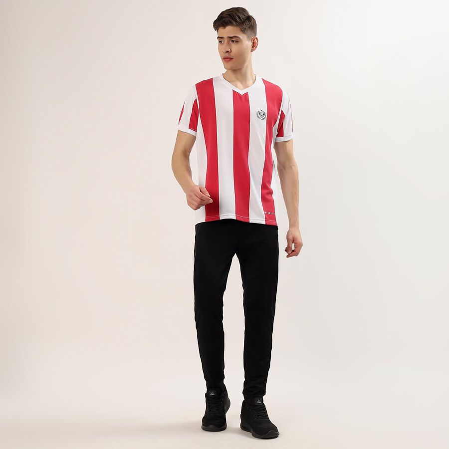 Men's Red V-Neck Striped Athleisure T-Shirt, Red, large