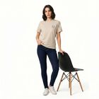 Women Beige Cotton Round Neck Regular T-Shirt, गहरा पीला, small