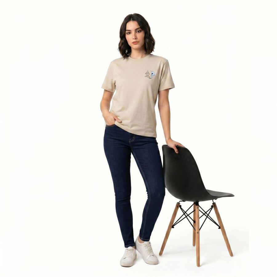 Women Beige Cotton Round Neck Regular T-Shirt, गहरा पीला, large