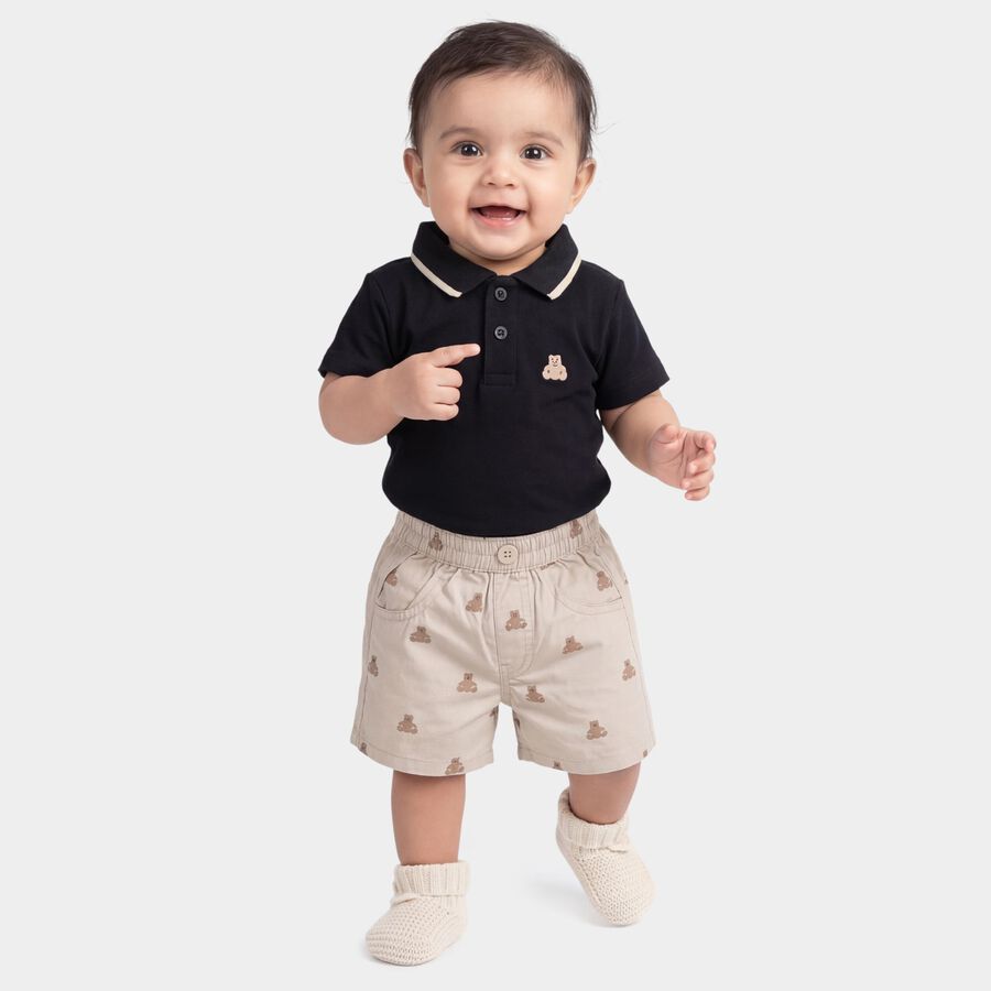 Infants' Black Cotton Polo Neck Embroidered Baba Suit, Black, large