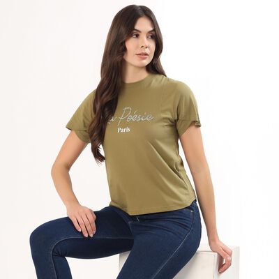 Women's Muted Olive Green Cotton Round Neck Casual T-Shirt