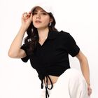 Women's Jet Black Cotton Collared Casual Crop Top, काला, small