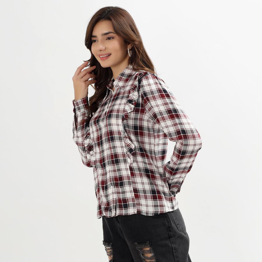 Ladies' White Checked Classic Collar Casual Shirt, Off White, large image number null