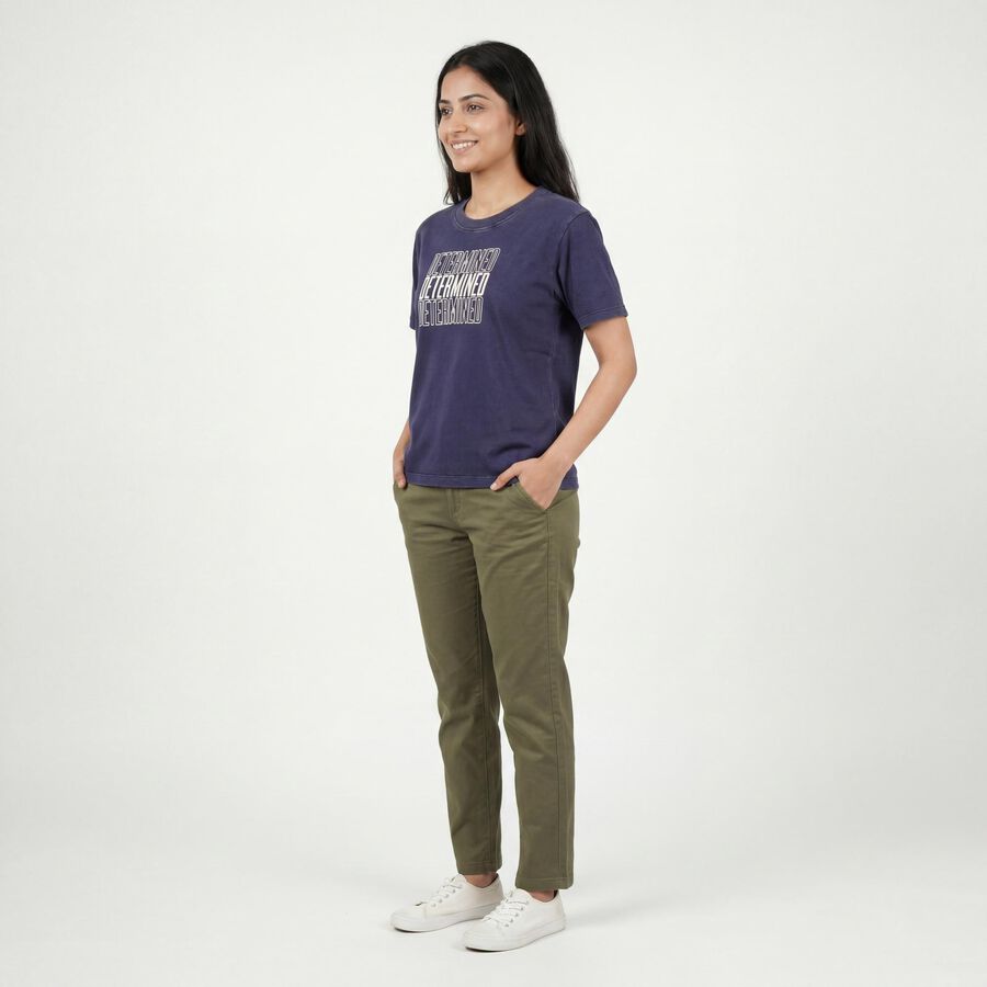 Women's Navy Blue Round Neck Casual T-Shirt, Navy Blue, large