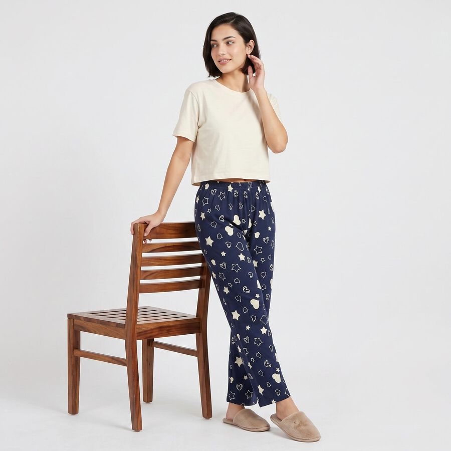 Women's Navy Blue Straight Fit Heart and Star Pyjama, नेवी ब्लू, large