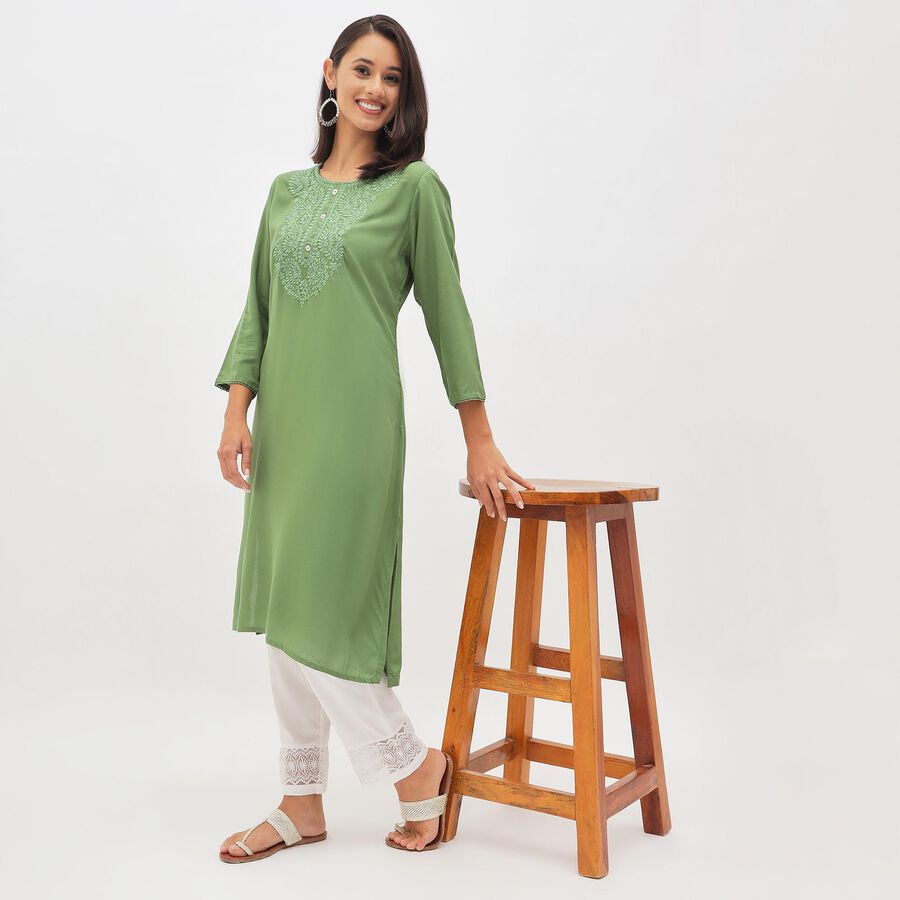 Women's Olive Green Round Neck Embroidered Kurta, Olive, large image number null