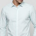 Men's Mint Green Cotton Slim Fit Striped Shirt, Light Green, small