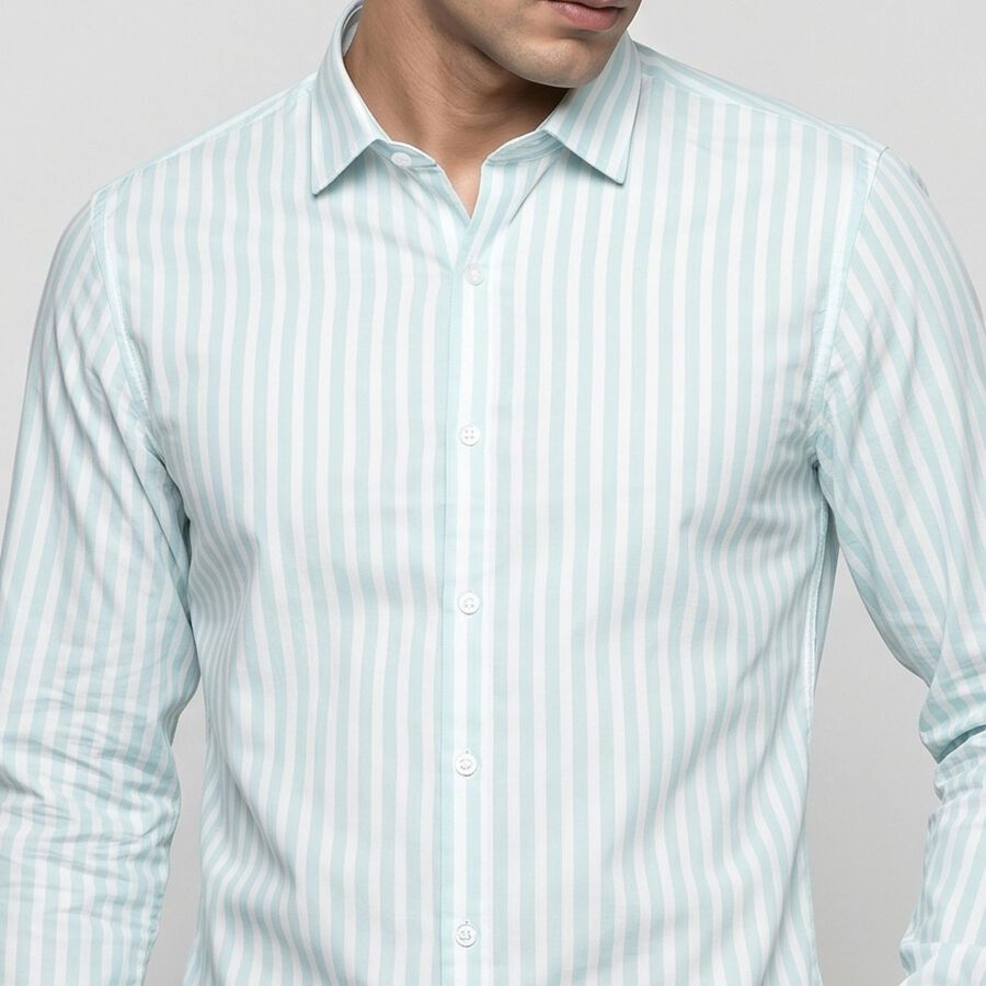 Men's Mint Green Cotton Slim Fit Striped Shirt, Light Green, large