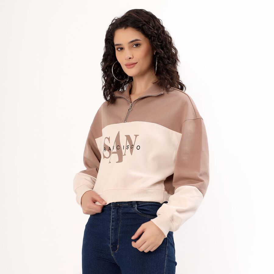 Women's Beige and Brown High Neck Casual Sweatshirt, भूरा, large image number null