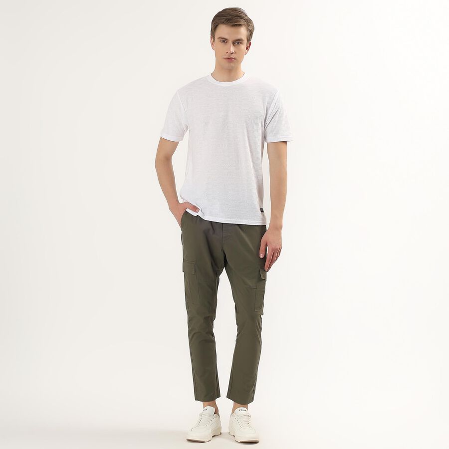 Men's White Round Neck Self Design Half Sleeves T-Shirt, White, large