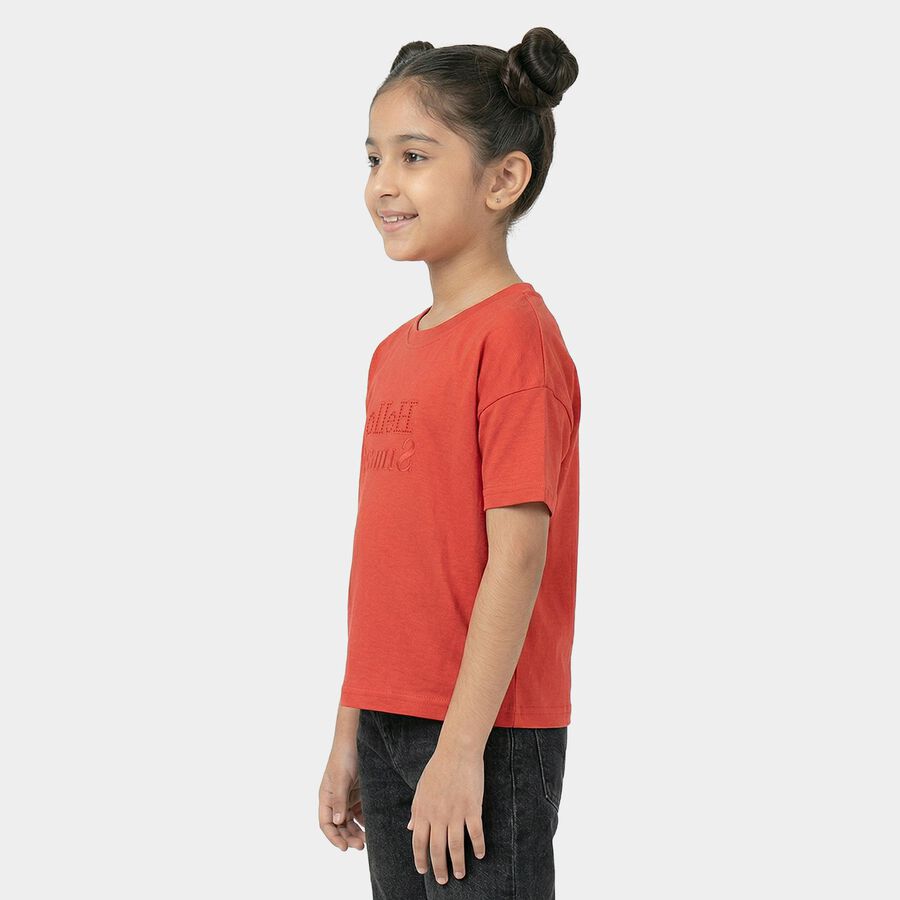 Girls Red Round Neck Casual T-Shirt, Red, large