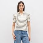 Women's Off-White Collared Casual Striped Top, ऑफ व्हाइट, small
