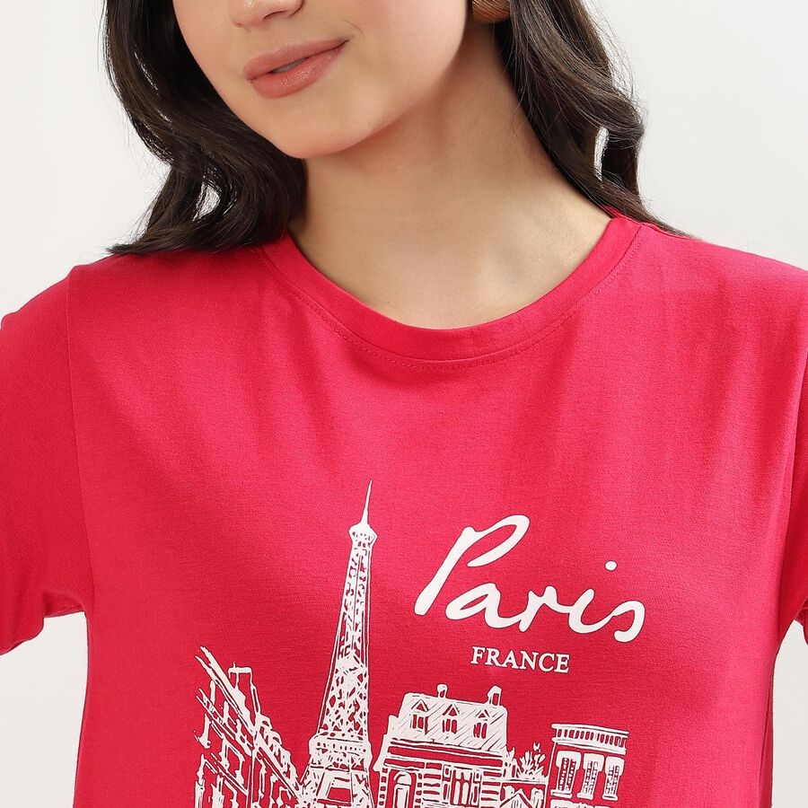 Women's Vibrant Red Round Neck Printed T-Shirt, रानी (फ्यूशिया), large image number null