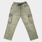 Boys Olive Green Cargo Fit Washed Jeans, ओलिव, small