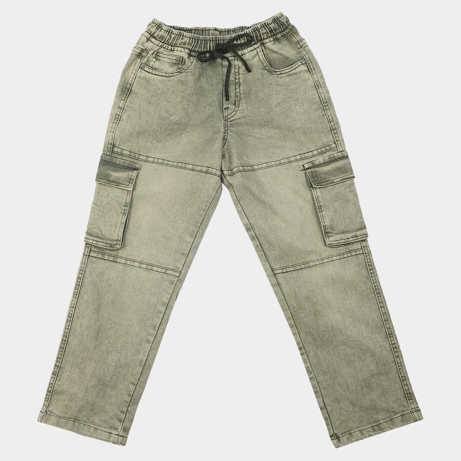 Boys Olive Green Cargo Fit Washed Jeans, ओलिव, large