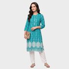 Women's Teal Round Neck Printed Kurta, मध्यम नीला, small