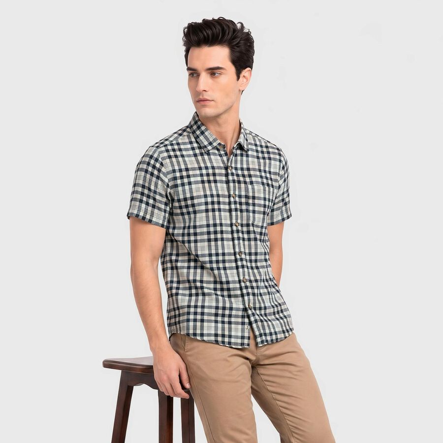 Men's Navy Blue Checked Regular Fit Casual Shirt, Navy Blue, large