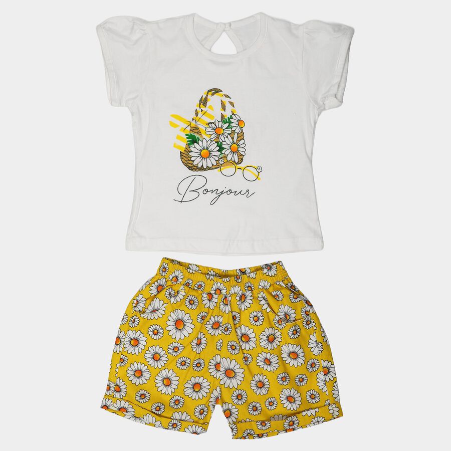 Girls Yellow Cotton Round Neck Short Set Upper and Bottom Set, पीला, large