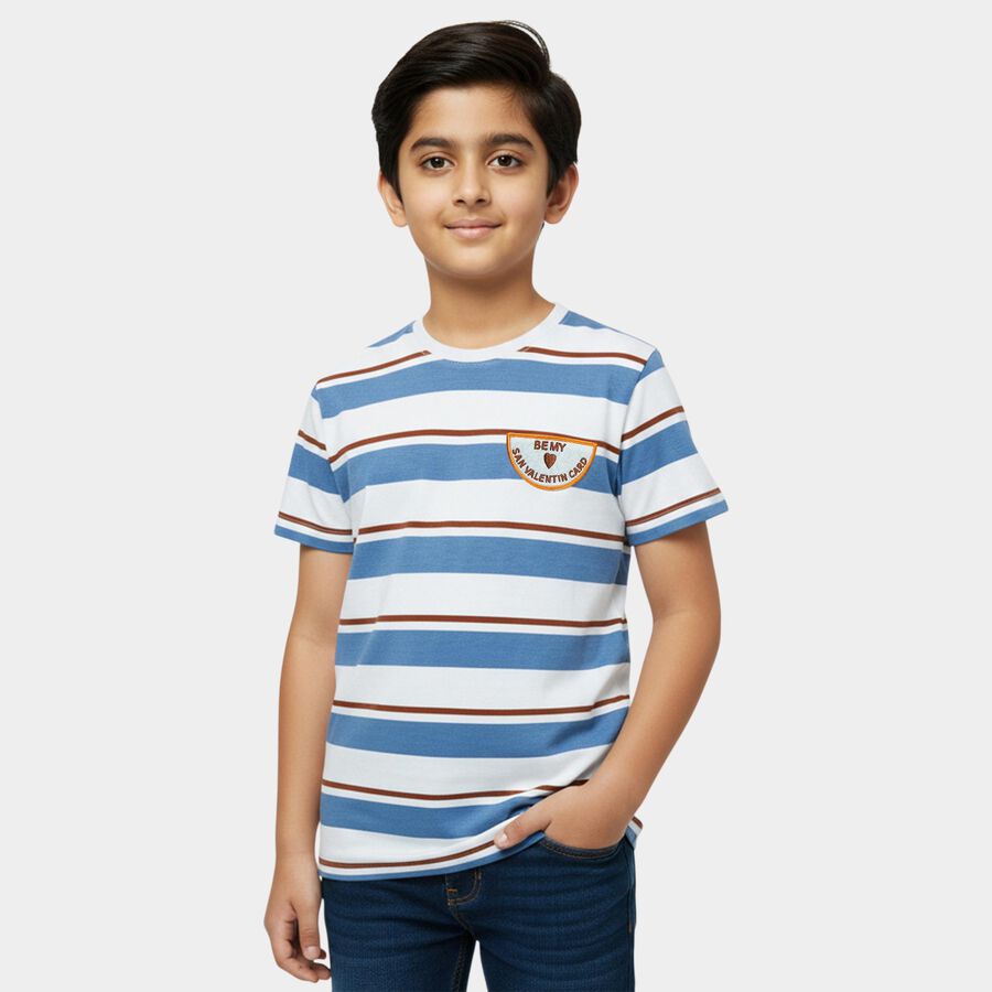 Boys Blue Cotton Round Neck Casual T-Shirt, मध्यम नीला, large