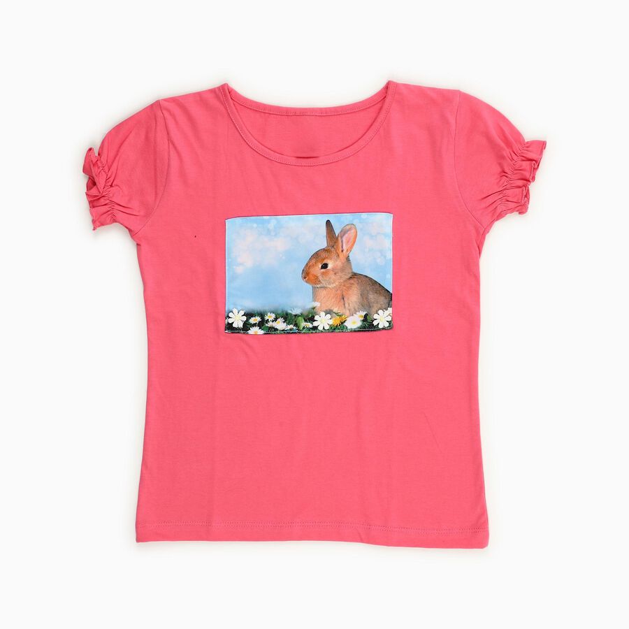 Girls Bright Pink Cotton Round Neck Casual T-Shirt, गुलाबी, large image number null