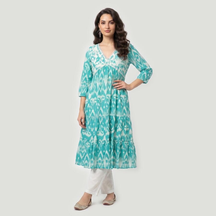Women's Aqua Cotton V-Neck Printed Kurta, एक्वा, large