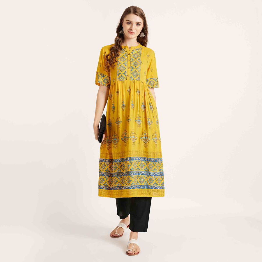 Printed 3/4th Sleeve Kurta, पीला, large image number null
