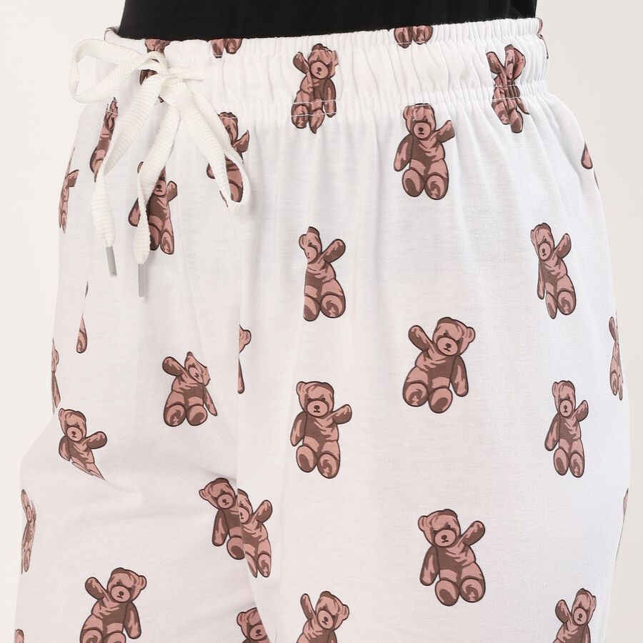 Women's White Teddy Print Elastic Waist Pyjama, White, large image number null