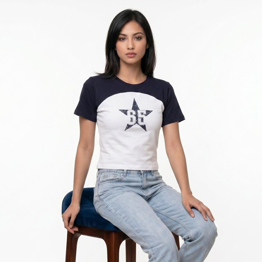 Women's Blue Cotton Round Neck Regular T-Shirt, नेवी ब्लू, large