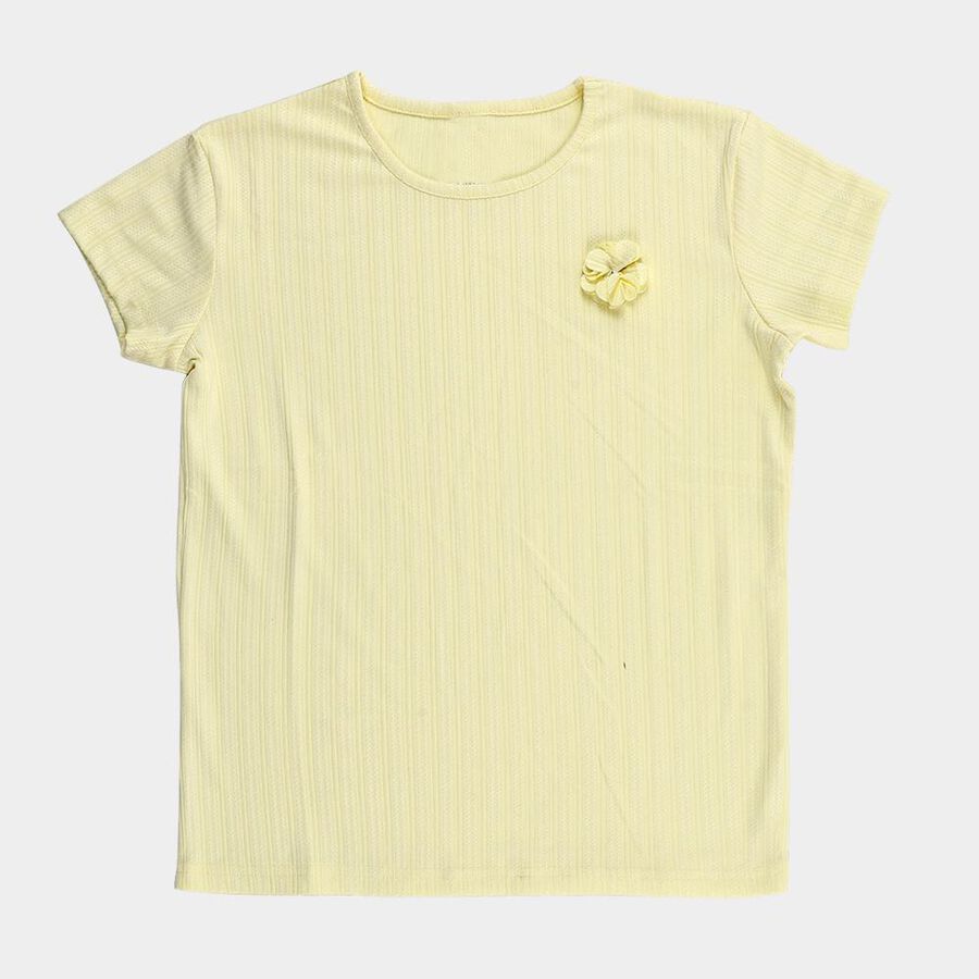 Girls Light Yellow Round Neck Casual T-Shirt, Yellow, large image number null