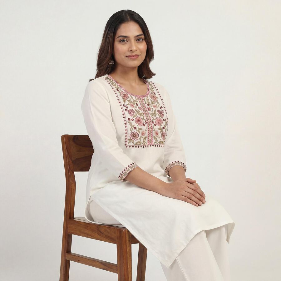 Women's Off White Notch Neck Floral Printed Kurta, Off White, large