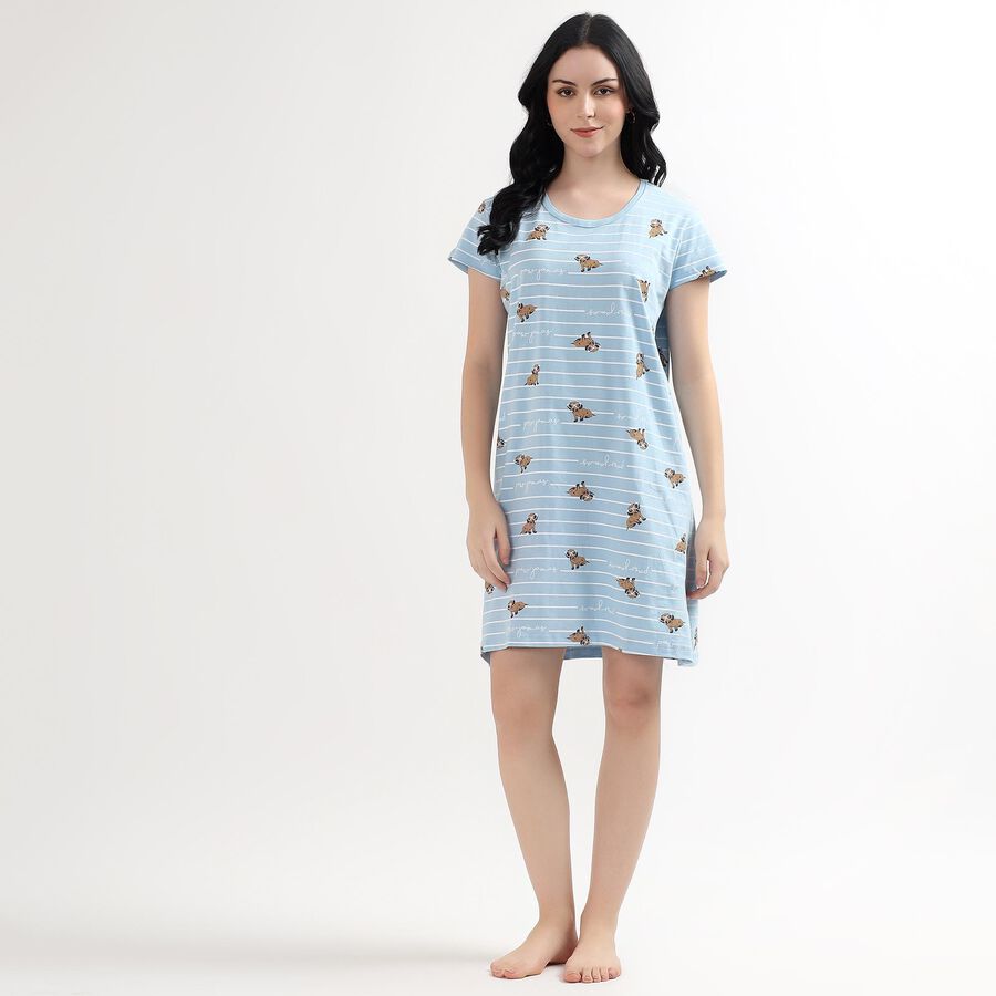 Ladies' 100% Cotton Knee Length Nighty, Light Blue, large image number null