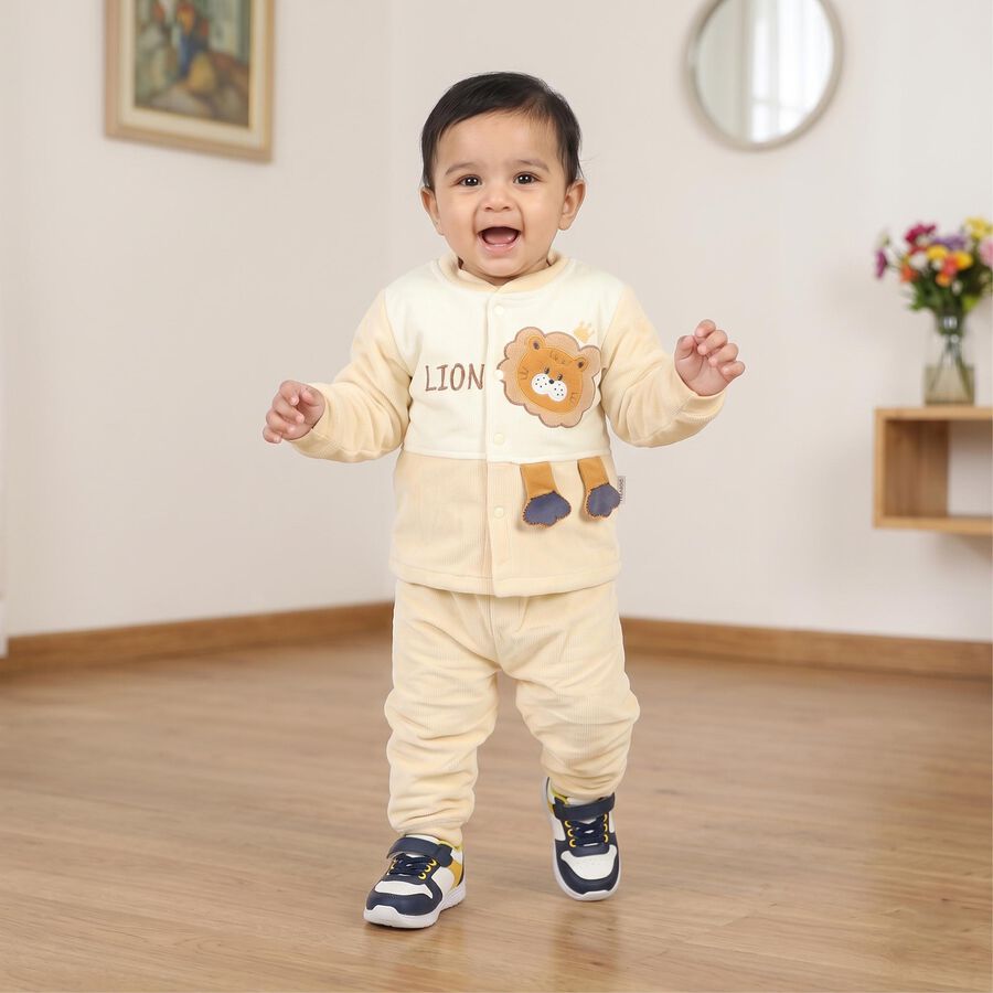 Infants' Beige Round Neck Lion Applique Baba Suit, गहरा पीला, large