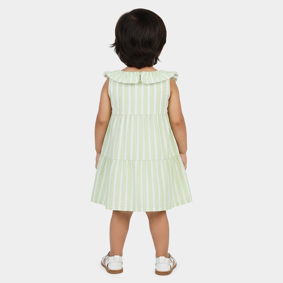 Infants' Green Striped Tiered Sleeveless Cotton Frock, Light Green, large