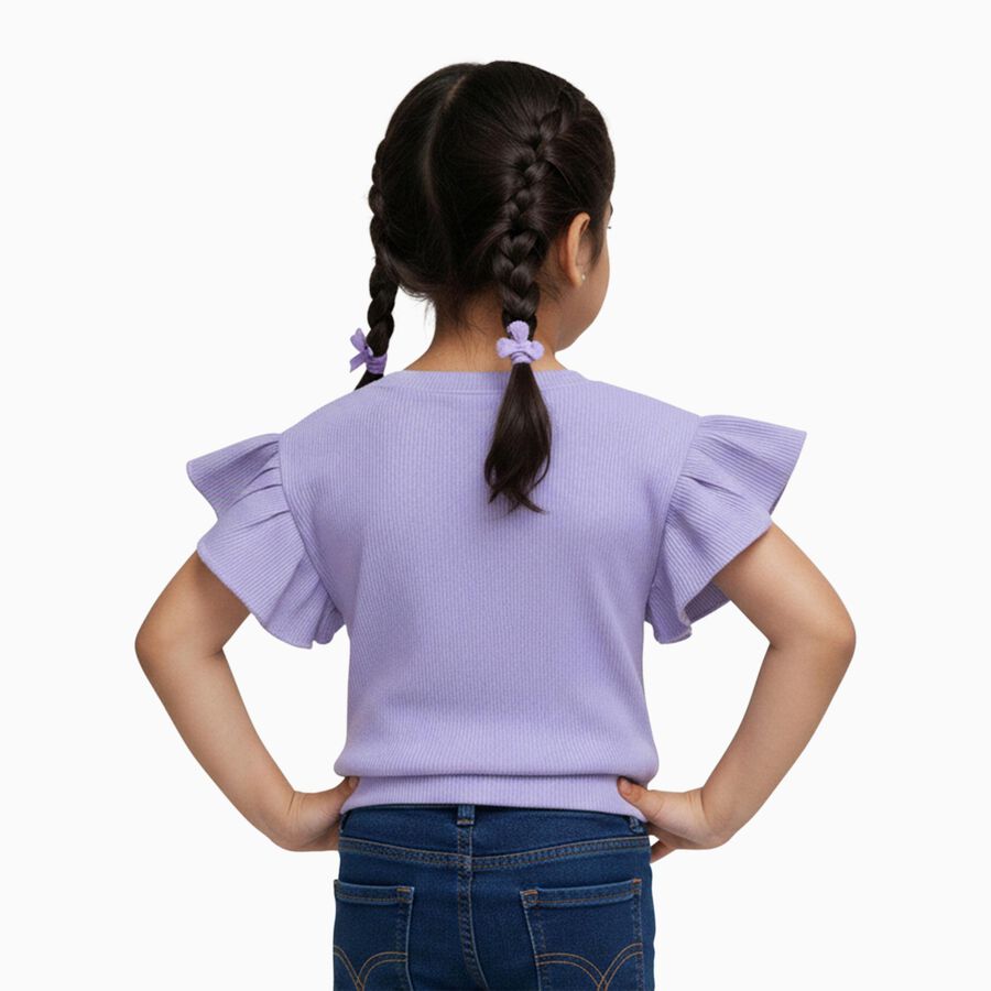 Girls' Lavender Round Neck Ruffle Sleeve Floral T-Shirt, लाइलेक, large