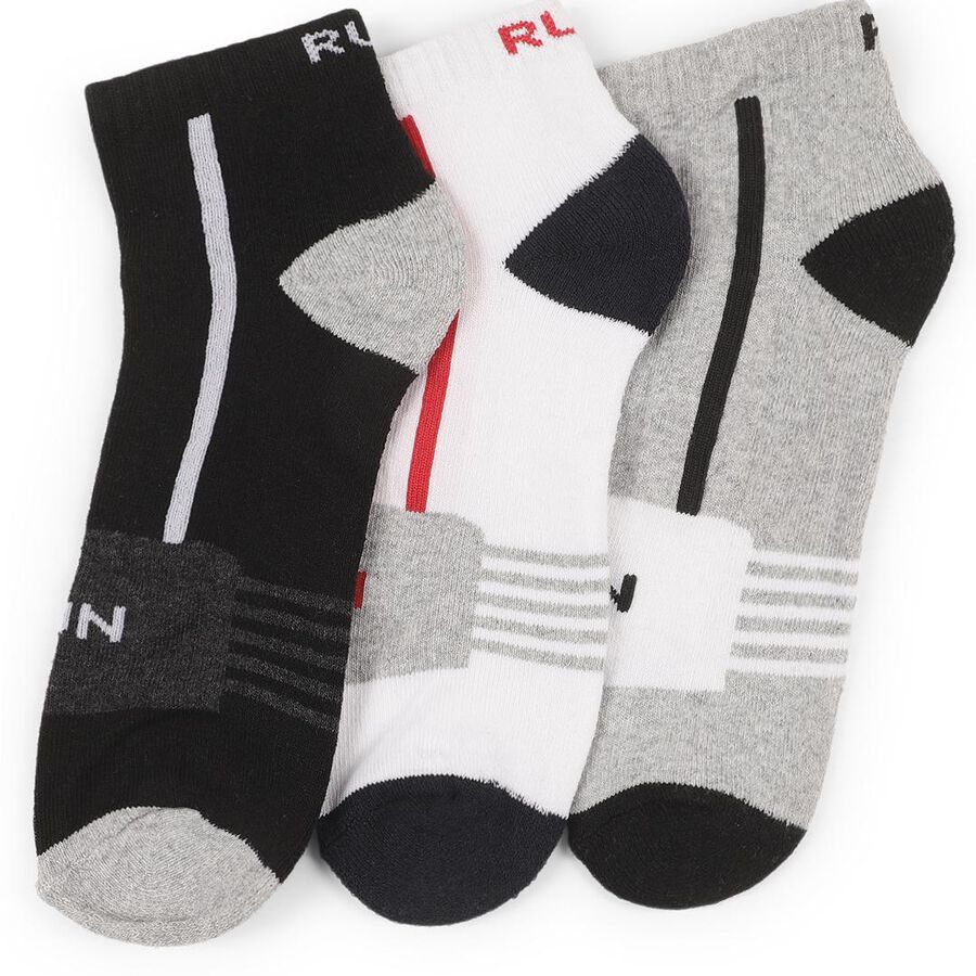 Men's Black and White Ankle Length Sporty Socks Pack of 3, Melange Light Grey, large
