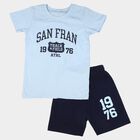 Boys' Light Blue 100% Cotton Round Neck Graphic Print Baba Suit, Mid Blue, small