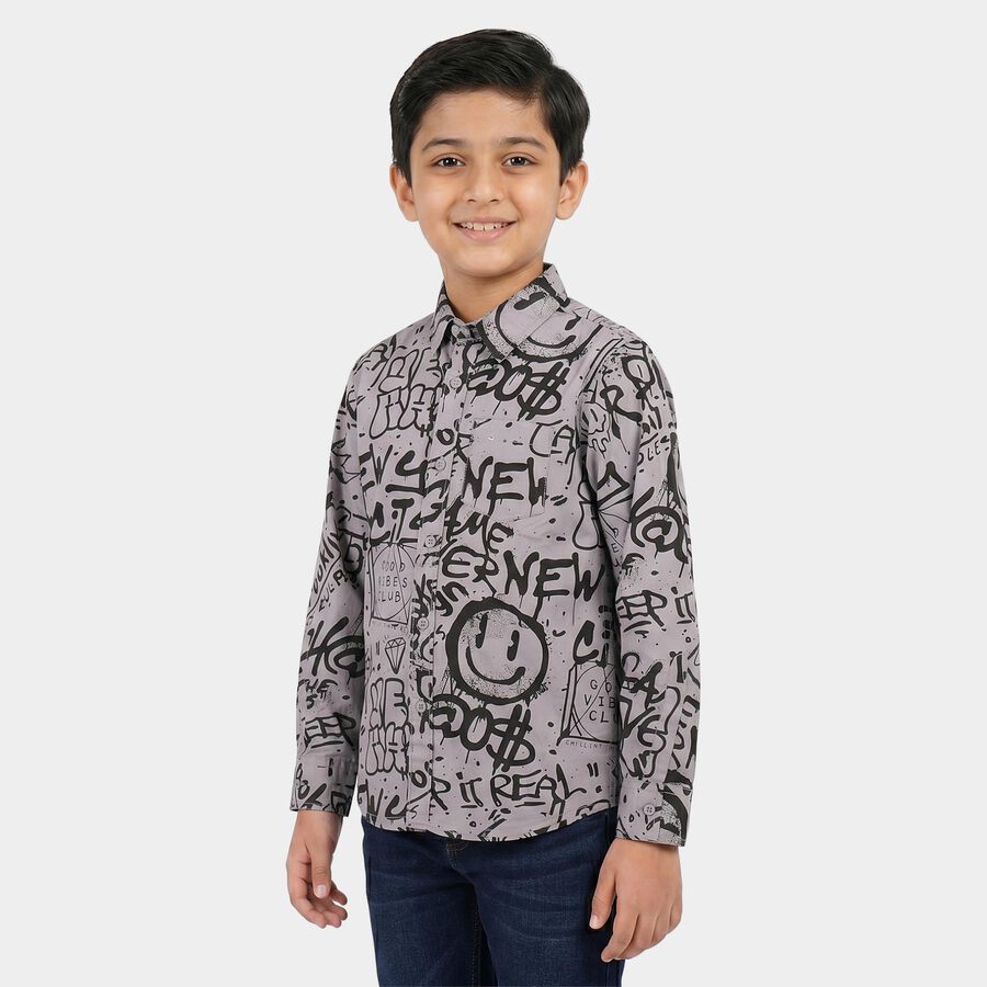 Boys Grey Cotton Long Sleeve Collar Regular Fit Shirt, हल्का ग्रे, large